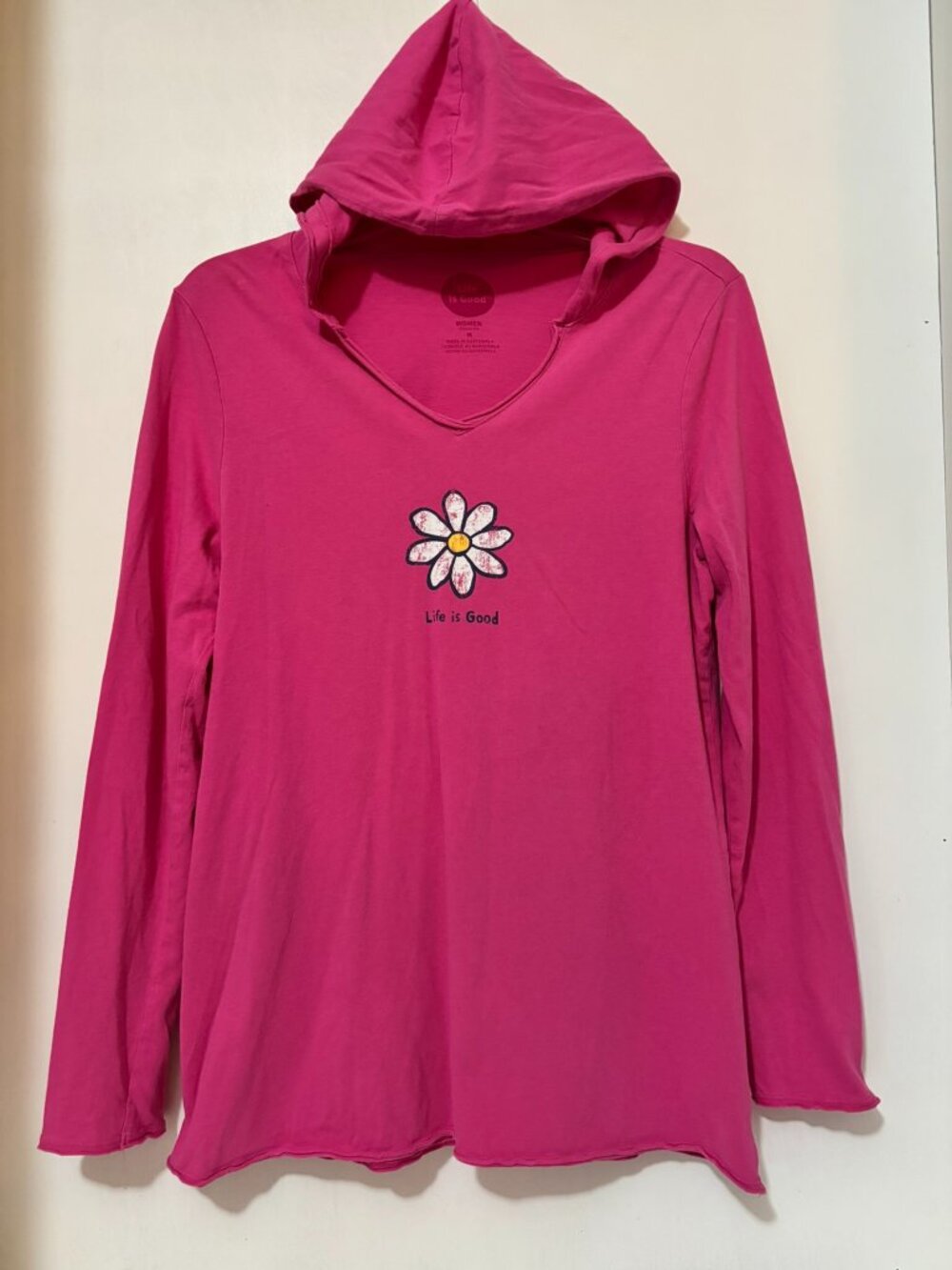 Life is Good Pink Daisy Floral V Neck Raw Hem Pullover Hoodie Medium